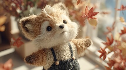 Fototapeta premium Knitted fox toy wearing overalls standing near a window with autumn leaves in soft natural light