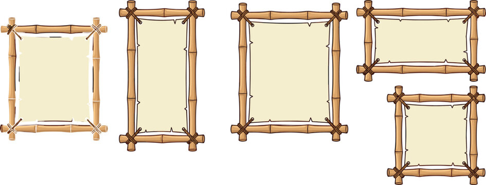 Set of rustic bamboo frames with blank parchment paper banners for tropical tiki bar signage vector
