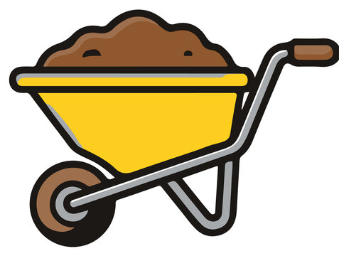 Illustration of a yellow wheelbarrow filled with brown dirt, ready for gardening work.