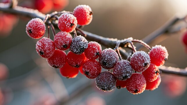 a cluster of red berries covered in frost. The berries are clustered on a thin branch, and the frost glistens in the light, creating a shimmering effect. The background is blurred.