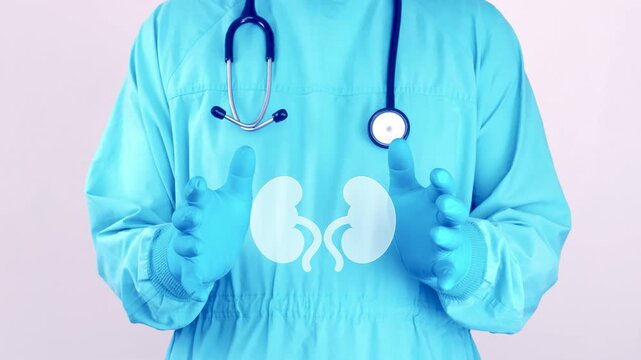 Doctor in light blue surgical scrubs presents a kidney icon, symbol of renal health, urinary system health awareness and early prevention of kidney diseases