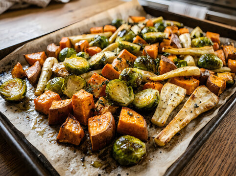 Roasted colorful autumn vegetables on a baking sheet with parchment paper
