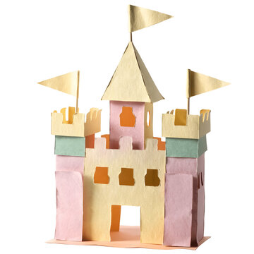 Handmade paper craft castle with colorful towers and flags as isolated element