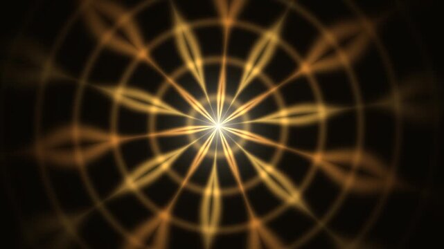 Golden abstract mandala light tunnel animation, hypnotic geometric radial pattern background, for motion and, visual effects