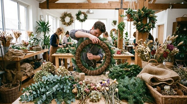 People crafting festive wreaths in a bright workshop filled with greenery and floral supplies
