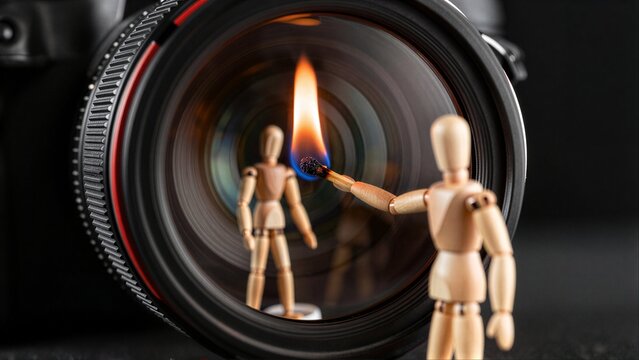 Wooden figure holds burning match inside camera lens, symbolizing creative ignition.