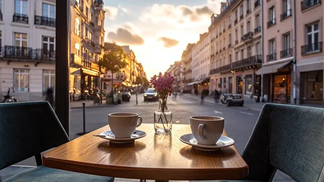 Two Cups of Coffee on a Table in a Parisian Cafe Terrace at Sunset