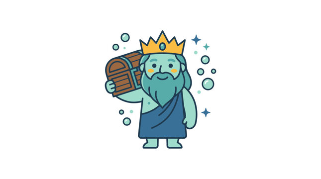 Bearded merman king balancing treasure chest on shoulder.