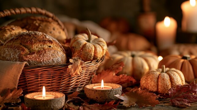 a rustic setting. A woven basket filled with freshly baked bread and pumpkins is the main subject. The bread has a goldenbrown crust and a soft, fluffy interior.