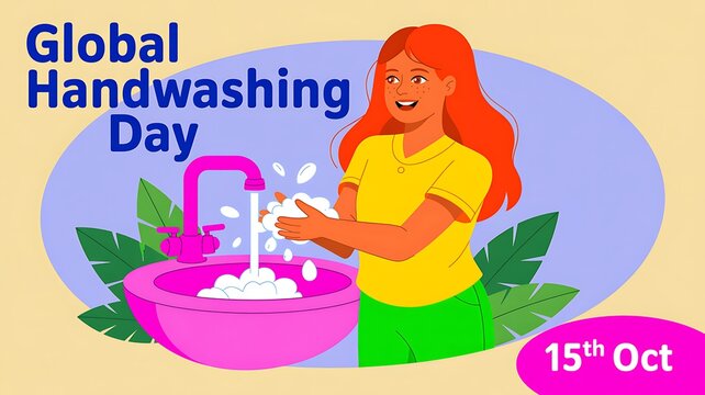 Global handwashing day vector illustration with girl washing hands in bathroom