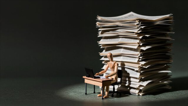 Wooden figure sits at desk, overwhelmed by towering stack of papers under dim light.