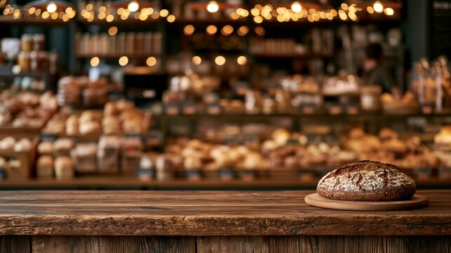 a rustic wooden countertop with a freshly baked loaf of bread on it. The bread has a goldenbrown crust and a soft, fluffy interior.