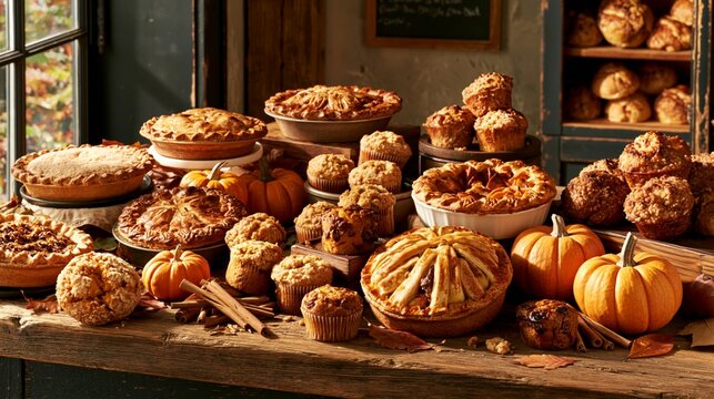a collection of freshly baked pies and muffins arranged on a rustic wooden table. The pies are of various shapes and sizes, some with a lattice crust, others with a crumbly topping.