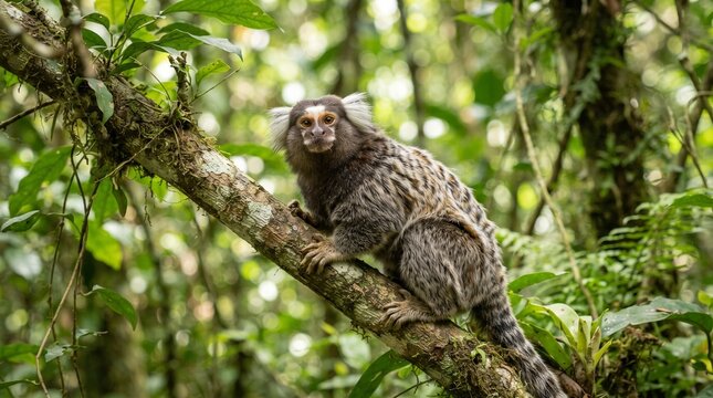 A small marmoset monkey with distinctive ear tufts perches on a tree branch in a dense, vibrant rainforest. Its curious gaze is directed towards the camera, embodying the wild spirit of the jungle.
