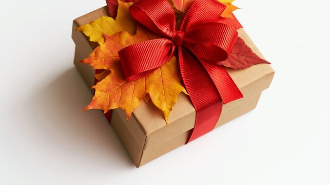 a gift box wrapped in brown paper, adorned with a vibrant red ribbon tied in a bow. The ribbon is intricately woven, creating a textured appearance. A cluster of autumn leaves.