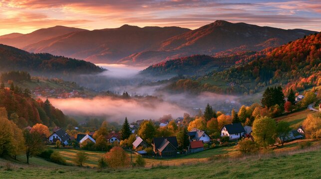 a serene countryside during autumn. The sky is painted with hues of orange, pink, and purple, indicating sunset. The foreground features a picturesque village nestled among rolling hills.