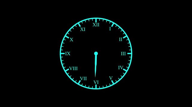 Clock spinning, watch animation on black background with alpha channel. 12 hours clock dial , twenty-four hours time lapse animation. Analog clock spinning animation.
