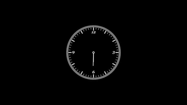 Clock spinning, watch animation on black background with alpha channel. 12 hours clock dial , twenty-four hours time lapse animation. Analog clock spinning animation.