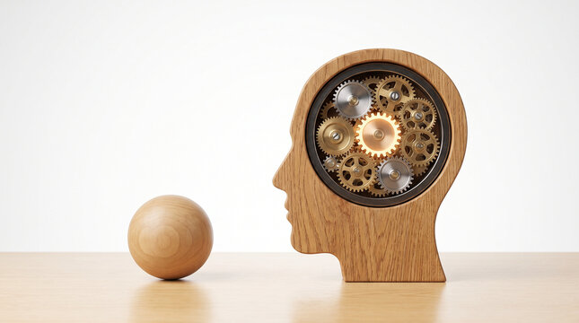 Wooden human head sculpture with inner brass gears, artificial intelligence and thinking concept