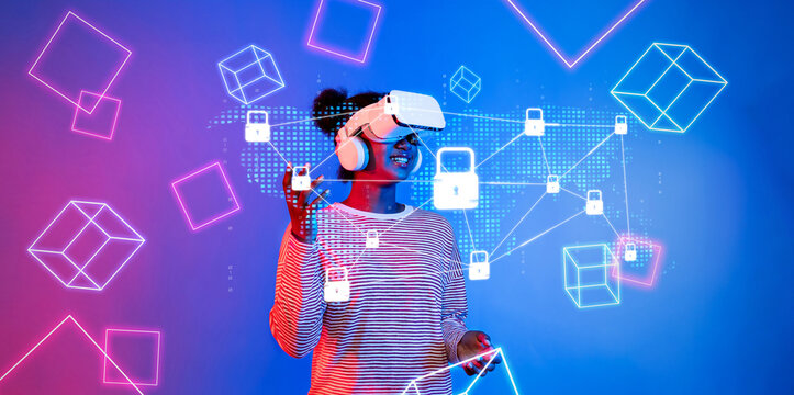 A business professional explores innovative cyber security concepts using virtual reality technology set against a vibrant digital backdrop with abstract shapes and secure locks. XDMCP
