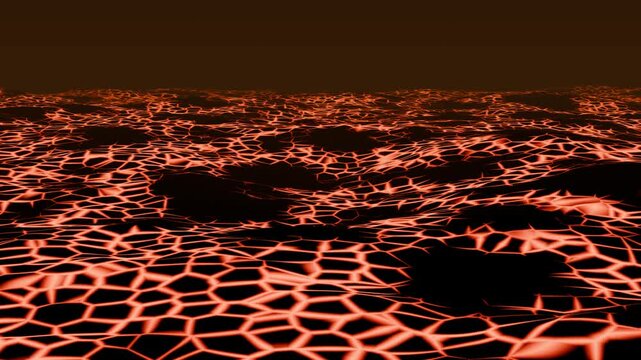 Glowing orange lava cracks in a dark volcanic crust forming a shifting cellular pattern