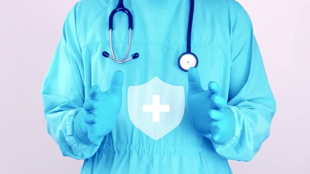 Doctor in light blue surgical scrubs presents a health shield icon, symbol of medical protection, health insurance and preventive care awareness