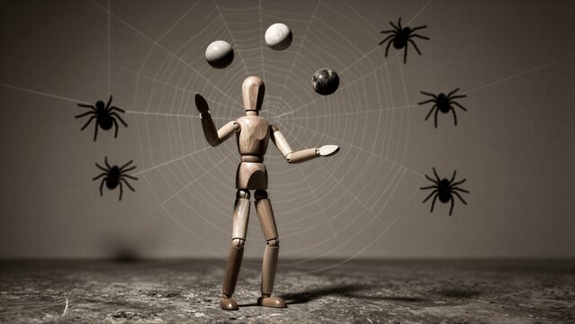 Wooden figure juggles balls amidst spiders and a giant web.