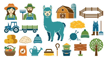 Fototapeta premium Flat Vector Icons of Farming and Agriculture, Including Llama and Tractor