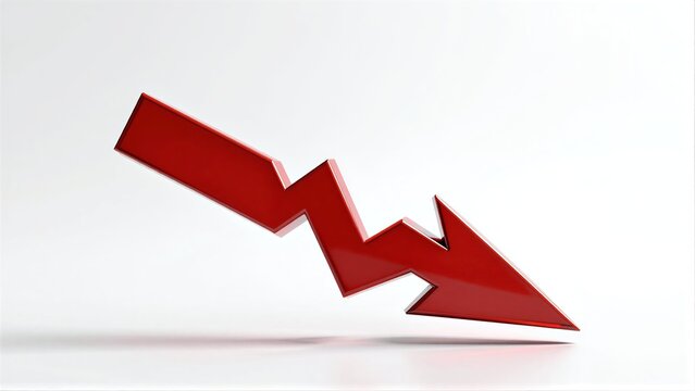 Red downward arrow symbolizing decline, drop or decrease against a plain white background.