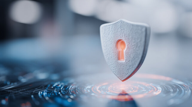 A shield with a keyhole represents cybersecurity secure access data protection and digital privacy defense.
