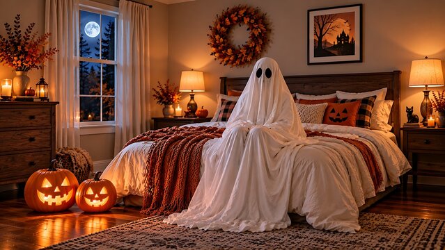 Cute sheet ghost sits on bed with festive autumn pumpkins and warm lighting