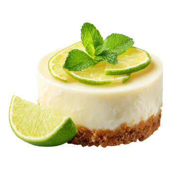 Elegant mini key lime cheesecake garnished with thin lime slices and fresh mint leaves on transparent png background. Ai generated