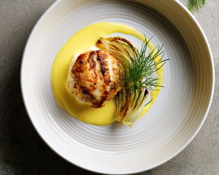 Monkfish medallion with saffron velout&eacute; and grilled baby fennel, exclusive gourmet Italian fine dining, elegant presentation, clean empty background, luxury culinary branding.
