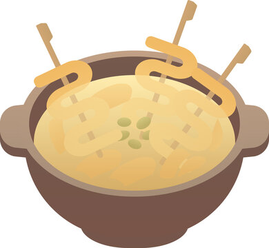 Korean street food skewers in hot broth Eomuk Tang fish cake soup vector icon