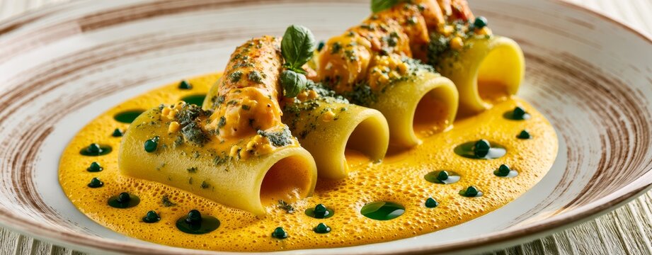Handmade paccheri pasta with blue lobster bisque and basil oil pearls, modern gourmet Italian fine dining, premium editorial food photography, clean menu layout, copy space.