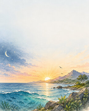 Watercolor illustration of a coastal sunrise with mountains, waves, and a crescent moon