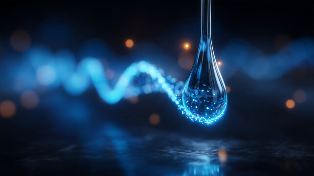A digital particle wave flowing into a droplet representing data transmission and information processing.
