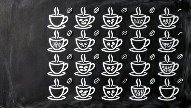 Chalk drawings of steaming coffee cups and beans on a blackboard.