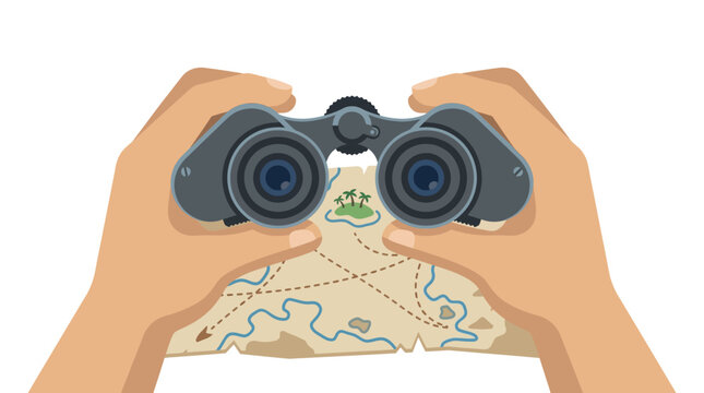 Hands holding binoculars looking at treasure map with island, exploration concept
