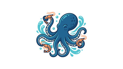 Fototapeta premium Blue octopus surrounded by shrimp and bubbles
