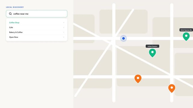 Minimalist digital map interface showing coffee shop locations with search bar and pin icons for mobile application user experience design