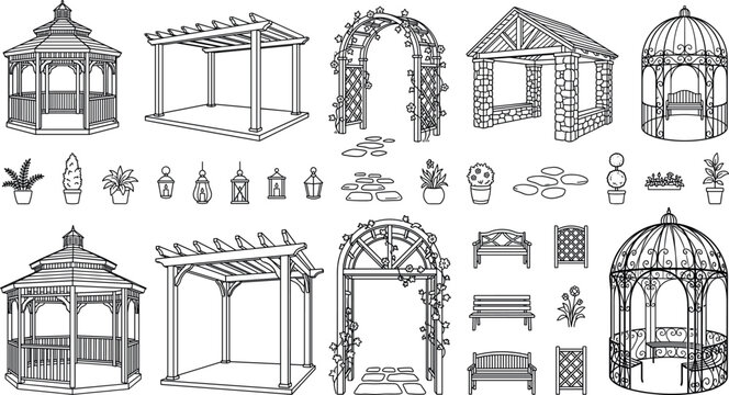 Garden backyard structures line art vector illustration icon set with gazebo pergola arch trellis benches lanterns and potted plants