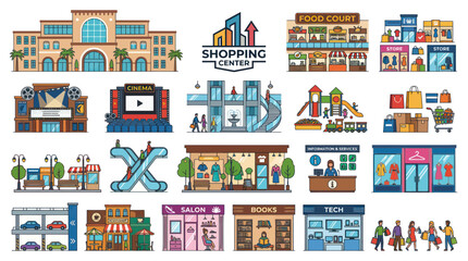 Fototapeta premium Flat vector illustration of shopping center buildings and services, retail concept