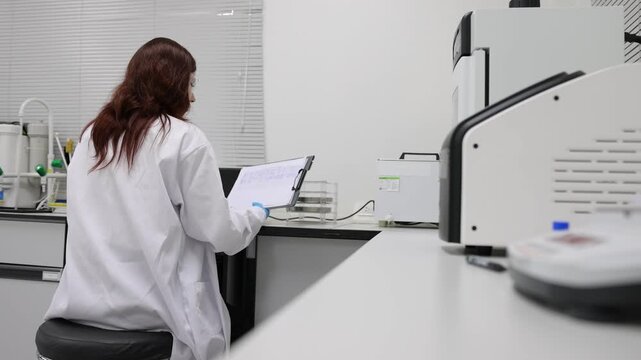 Female scientist typing research data on a laptop computer in a laboratory.