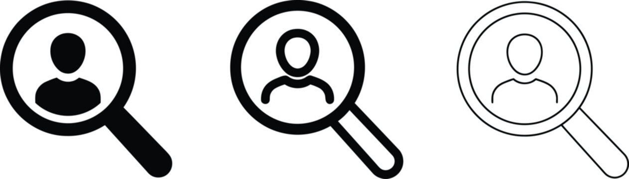 User search icons with magnifying glass and person profile human resources find person search icon customer candidate magnifier business