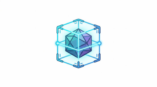 Futuristic 3D geometric crystal prism inside a digital scanning cube frame.