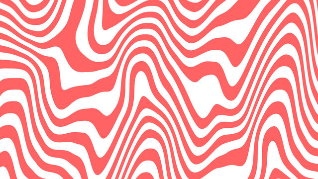 Groovy Psychedelic Abstract Background with Wavy Coral Red and White Distortion Lines