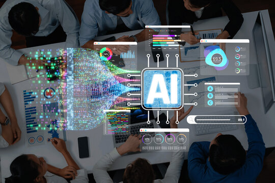 Team Collaboration on Artificial Intelligence Development with Data Visualization, Graphs, and Analytics on Digital Displays in Modern Office Environment Sigmoid