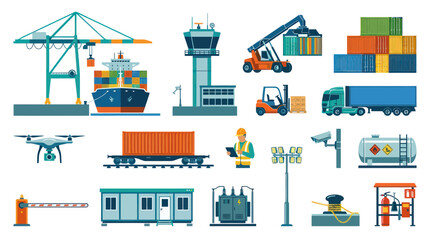 Fototapeta premium Flat Design Logistics and Shipping Icons: Crane, Ship, Forklift, Truck, Drone