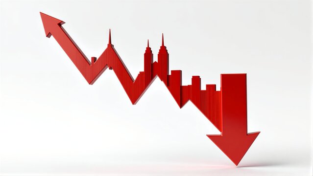 Red arrow points down over city skyline, symbolizing economic decline.